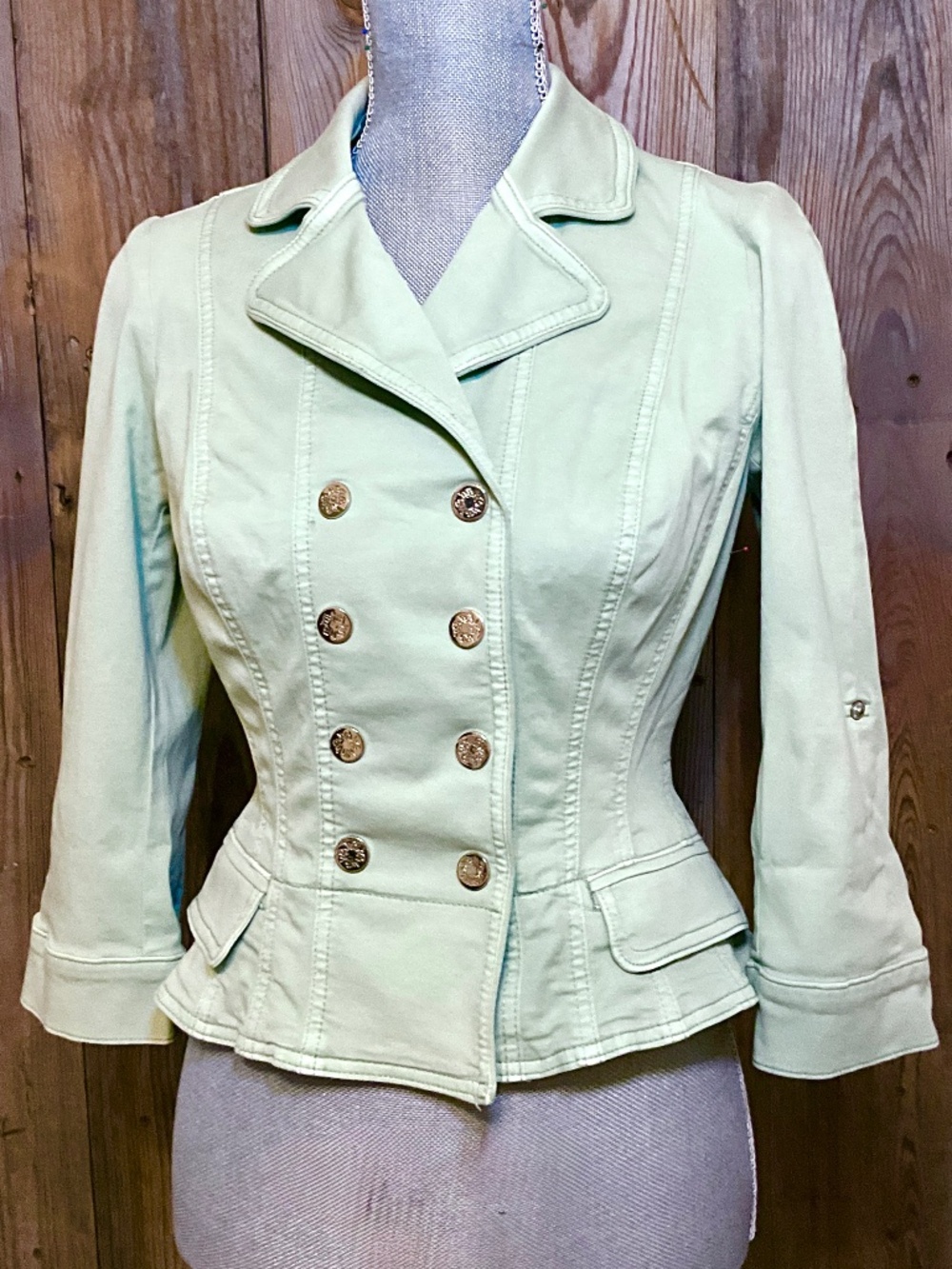 White House Black Market Peplum Jacket 4P Sage Green Double Breasted NWOT Petite